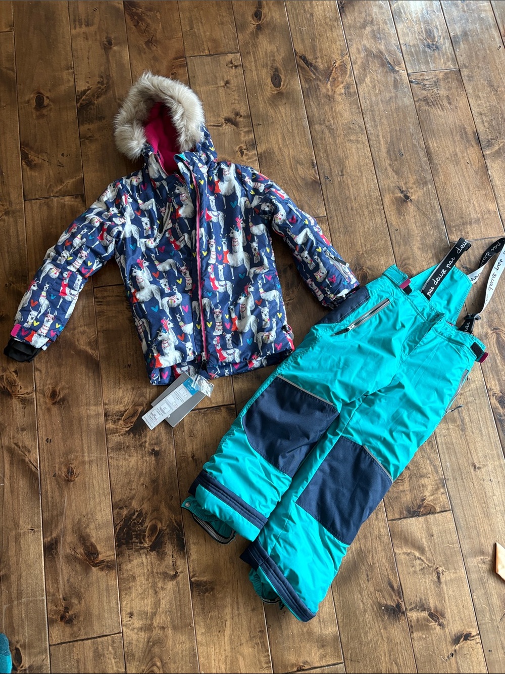 deux par deux Navy Multi Dog Print Puffer Jacket with Teal Snow Pants